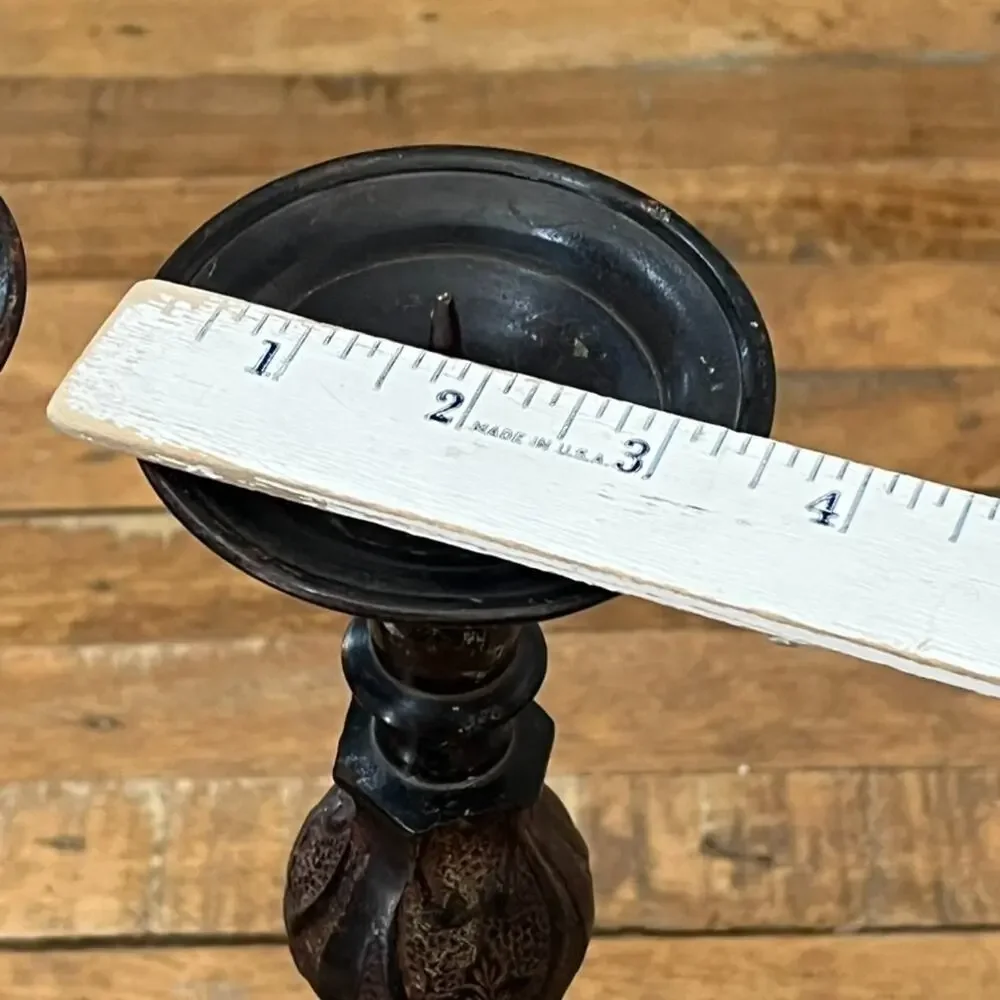 Rare Vintage Baroque Cast Iron Church Altar Candlestick Holders 13.75” Tall